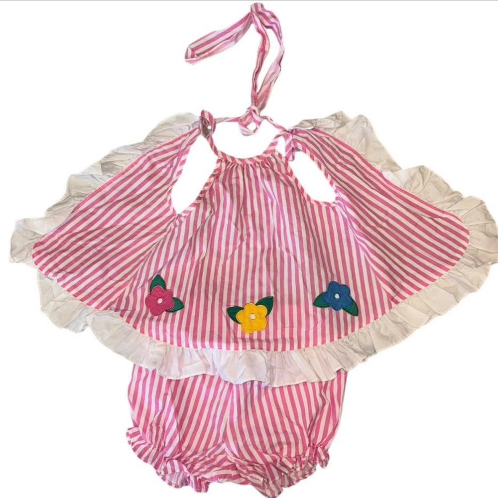Vintage 90s Allison Ann Candy Stripe Tie Back Open Back Dres W/ Bloomers 12m